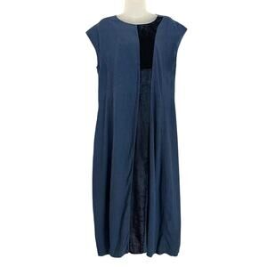 Pas de Calais Chambray Indigo Blue Lagenlook Cap Sleeve Midi Tent Dress Sz 36/S